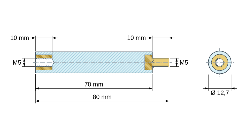 Plan coté : Entretoise isolante ronde filetée mâle/femelle plastique PA6.6 insert laiton M5 - Ø12,7 mm