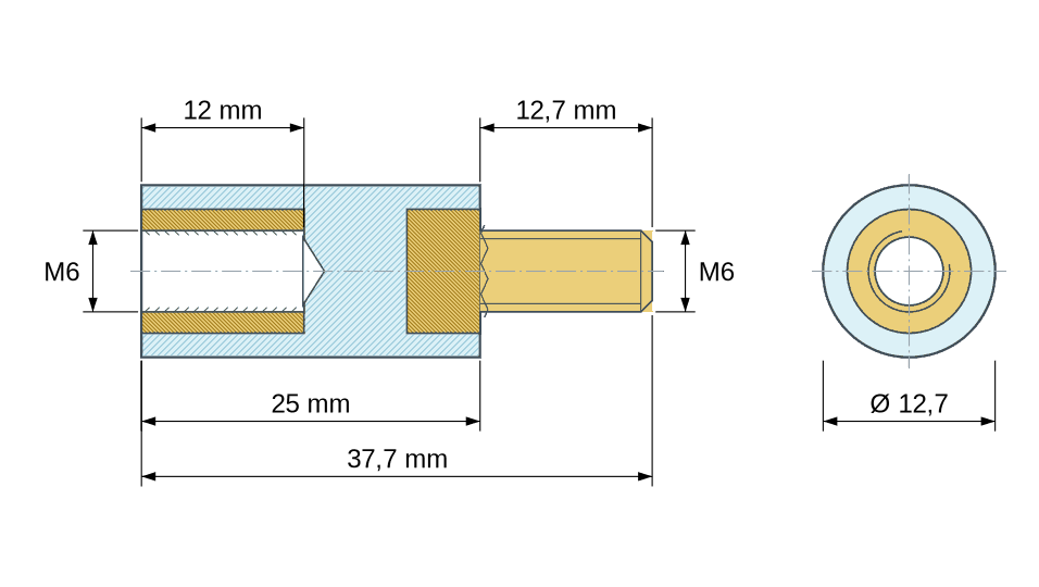 Plan coté : Entretoise isolante ronde filetée mâle/femelle plastique PA6.6 insert laiton M6 - Ø12,7 mm