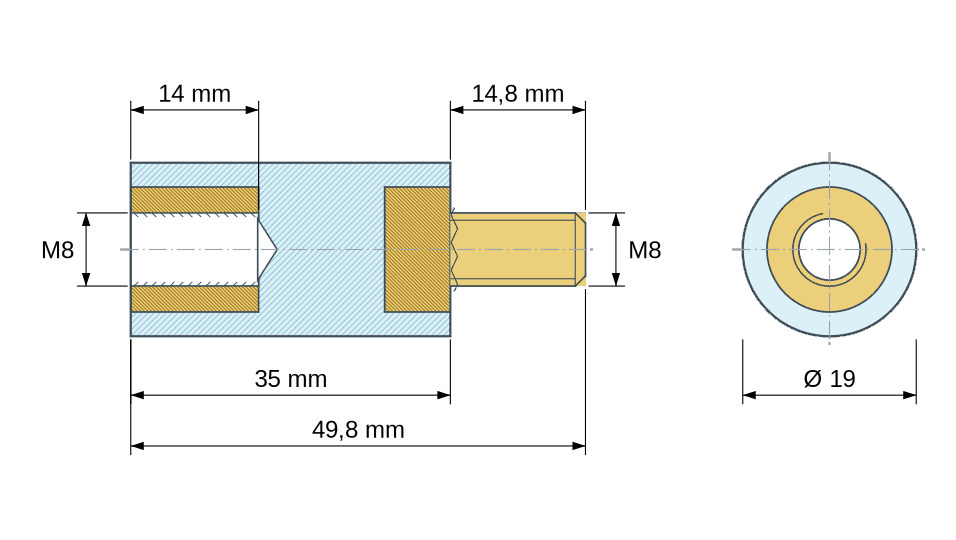Plan coté Entretoise isolante ronde filetée mâle/femelle plastique PA6.6 insert laiton M8 - Ø19 mm