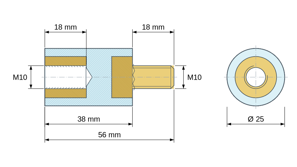 Plan coté : Entretoise isolante ronde filetée mâle/femelle plastique PA6.6 insert laiton M10 - Ø25 mm