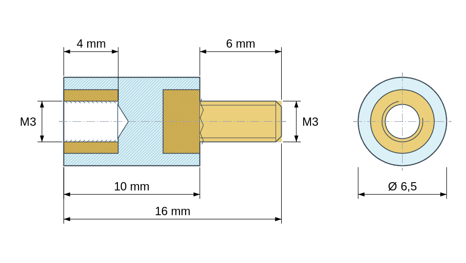 Plan coté : Entretoise isolante ronde filetée mâle/femelle plastique PA6.6 insert laiton M3 - Ø6,5 mm