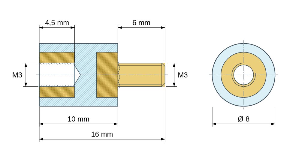 Plan coté : Entretoise isolante ronde filetée mâle/femelle plastique PA6.6 insert laiton M3 - Ø8 mm