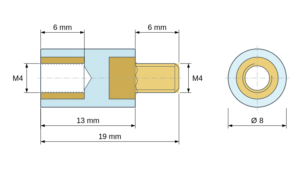 Plan coté : Entretoise isolante ronde filetée mâle/femelle plastique PA6.6 insert laiton M4 - Ø8 mm