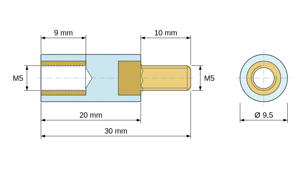 Plan coté : Entretoise isolante ronde filetée mâle/femelle plastique PA6.6 insert laiton M5 - Ø9,5 mm