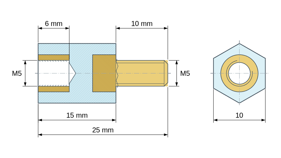 Plan coté : Entretoise isolante hexagonale filetée mâle/femelle plastique PA6.6 insert laiton M5 - 10 mm sur plats