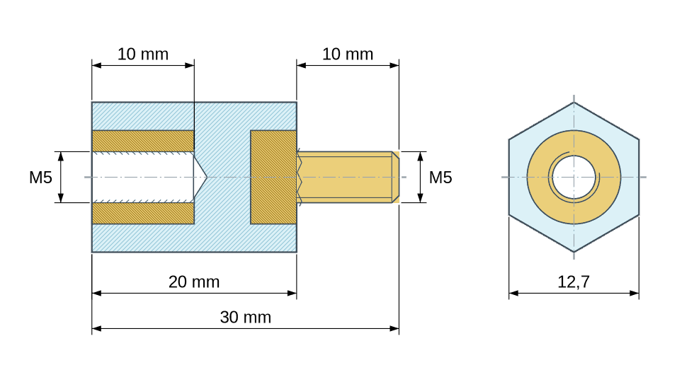 Plan coté : Entretoise isolante hexagonale filetée mâle/femelle plastique PA6.6 insert laiton M5 - 12,7 mm sur plats