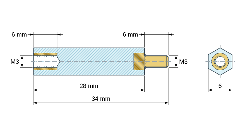 Plan coté : Entretoise isolante hexagonale filetée mâle/femelle plastique PA6.6 UL94-HB insert laiton M3 - 6 mm sur plats
