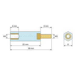 [decl 22mm] Entretoise isolante hexagonale filetée mâle/femelle plastique PA6.6 UL94-V2 insert laiton M3 - 6 mm sur plats