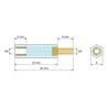 Plan coté 22 mm, Entretoise isolante hexagonale filetée mâle/femelle plastique PA6.6 UL94-V2 insert laiton M3 - 6 mm sur plats