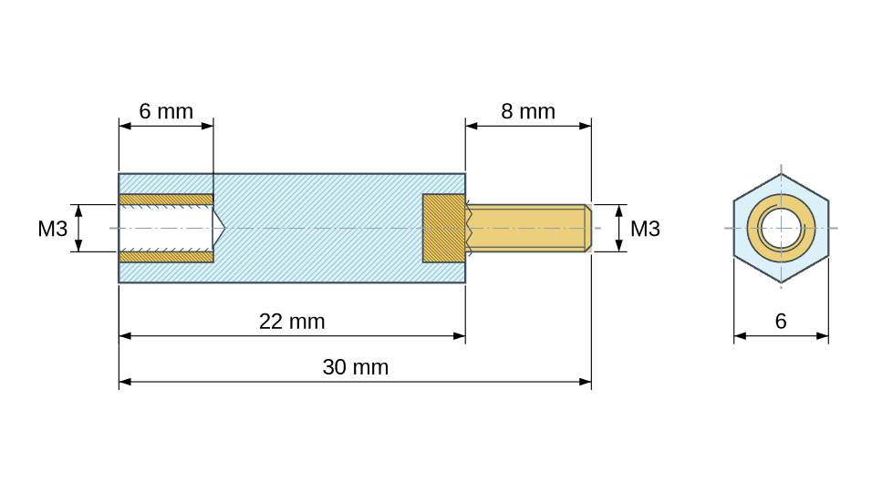 Plan coté : Entretoise isolante hexagonale filetée mâle/femelle plastique PA6.6 UL94-V2 insert laiton M3 - 6 mm sur plats