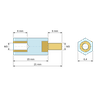 Plan coté 15 mm, Entretoise isolante hexagonale filetée mâle/femelle plastique PA6.6 insert laiton M3 - 6,4 mm sur plats