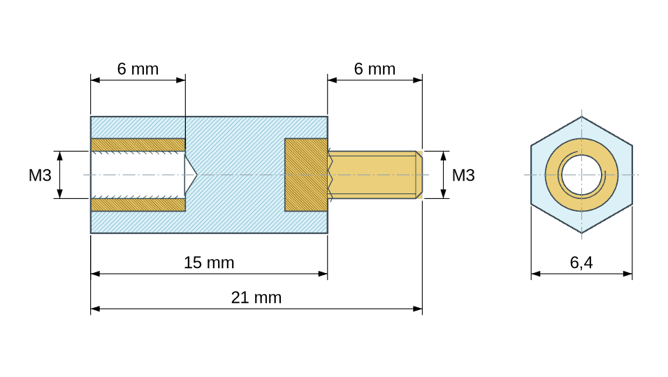 Plan coté : Entretoise isolante hexagonale filetée mâle/femelle plastique PA6.6 insert laiton M3 - 6,4 mm sur plats