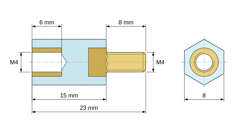 Plan coté : Entretoise isolante hexagonale filetée mâle/femelle plastique PA6.6 insert laiton M4 - 8 mm sur plats