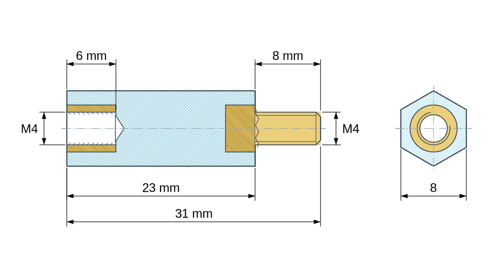 Plan coté Entretoise isolante hexagonale filetée mâle/femelle plastique PA6.6 insert laiton UL94-V2 M4 - 8 mm sur plats