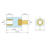Plan coté 15 mm, Entretoise isolante hexagonale filetée mâle/femelle plastique PA6.6 insert laiton M4 - 8,4 mm sur plats