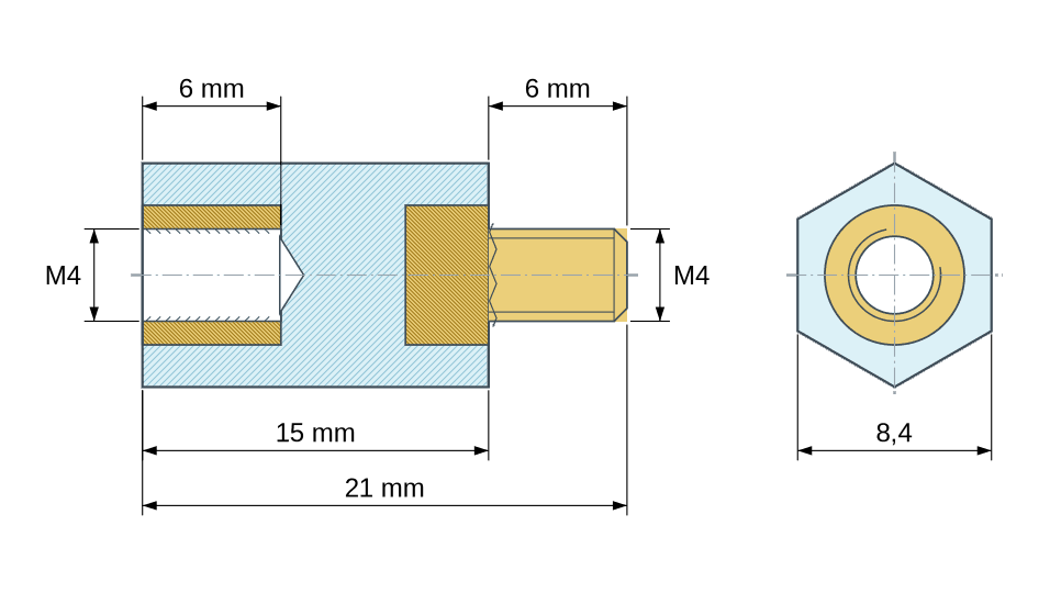 Plan coté : Entretoise isolante hexagonale filetée mâle/femelle plastique PA6.6 insert laiton M4 - 8,4 mm sur plats