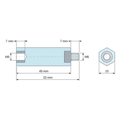 [decl 45mm] Entretoise isolante hexagonale filetée mâle/femelle plastique PA6.6 insert acier M6 - 13 mm sur plats