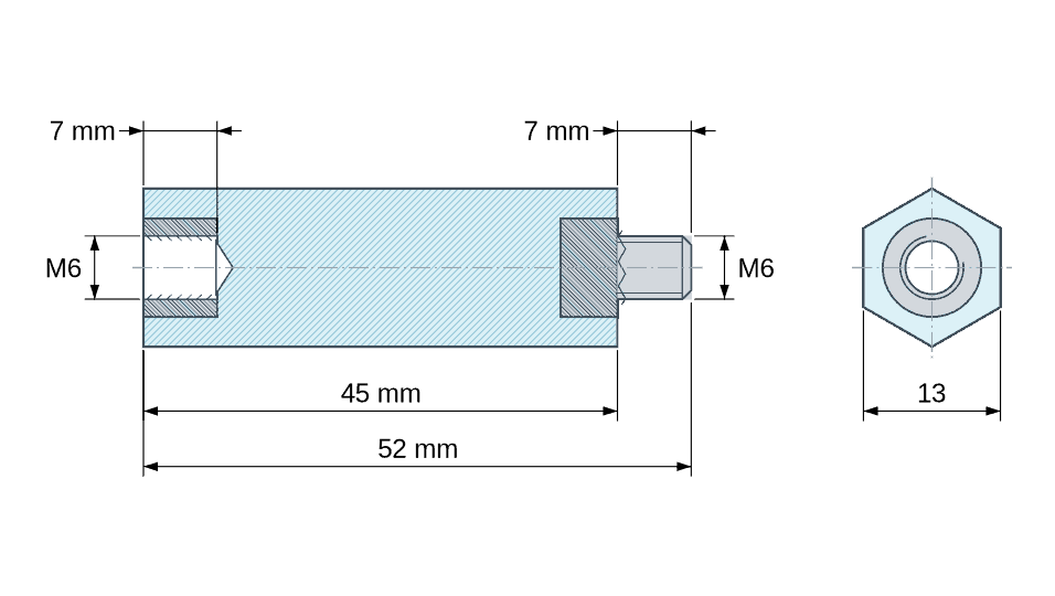Plan coté : Entretoise isolante hexagonale filetée mâle/femelle plastique PA6.6 insert acier M6 - 13 mm sur plats