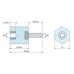 [decl 26mm] Entretoise isolante hexagonale filetée mâle/femelle plastique polyester insert acier M6 - 21 mm sur plats