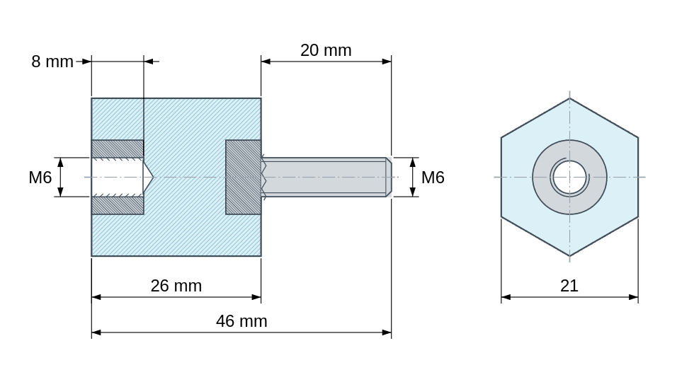 Plan coté : Entretoise isolante hexagonale filetée mâle/femelle plastique polyester insert acier M6 - 21 mm sur plats