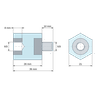 Plan coté 26 mm / 10 mm, Entretoise isolante hexagonale filetée mâle/femelle plastique polyester insert acier M8 - 21 mm sur plats