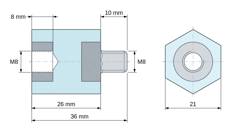 Plan coté : Entretoise isolante hexagonale filetée mâle/femelle plastique polyester insert acier M8 - 21 mm sur plats
