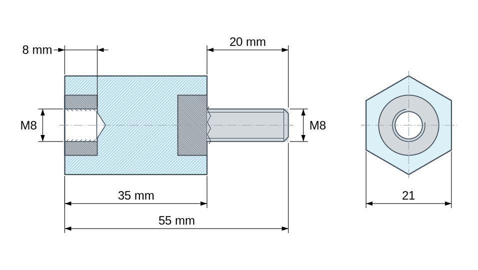 Plan coté Entretoise isolante hexagonale filetée mâle/femelle plastique polyester insert acier M8 - 21 mm sur plats