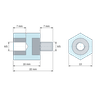 Plan coté 15 mm, Entretoise isolante hexagonale filetée mâle/femelle plastique polystyrène insert acier M5 - 13 mm sur plats