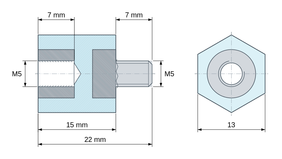 Plan coté : Entretoise isolante hexagonale filetée mâle/femelle plastique polystyrène insert acier M5 - 13 mm sur plats