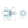 Plan coté 15 mm, Entretoise isolante hexagonale filetée mâle/femelle plastique polystyrène insert acier M6 - 13 mm sur plats