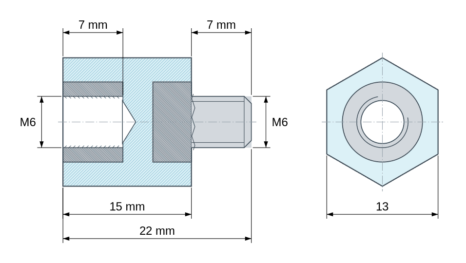 Plan coté : Entretoise isolante hexagonale filetée mâle/femelle plastique polystyrène insert acier M6 - 13 mm sur plats