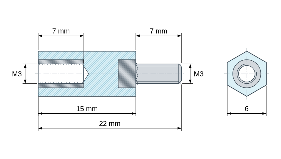 Plan coté : Entretoise isolante hexagonale filetée mâle/femelle plastique polystyrène insert acier M3 - 6 mm sur plats