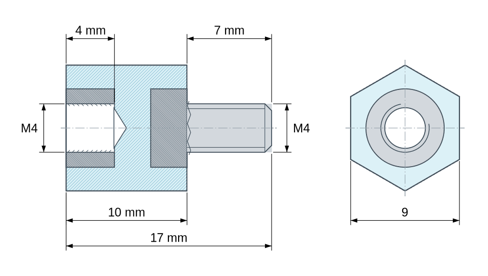 Plan coté : Entretoise isolante hexagonale filetée mâle/femelle plastique polystyrène insert acier M4 - 9 mm sur plats