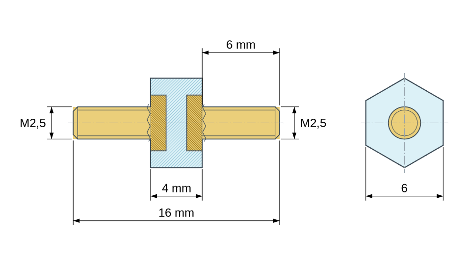 Plan coté : Entretoise isolante hexagonale filetée mâle/mâle plastique PA6 insert laiton M2,5 - 6 mm sur plats