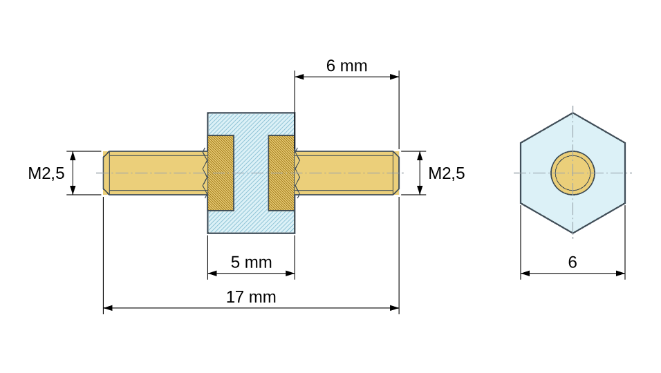 Plan coté Entretoise isolante hexagonale filetée mâle/mâle plastique PA6 insert laiton M2,5 - 6 mm sur plats