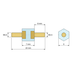 Plan coté 7 mm, Entretoise isolante hexagonale filetée mâle/mâle plastique PA6 insert laiton M2,5 - 6 mm sur plats