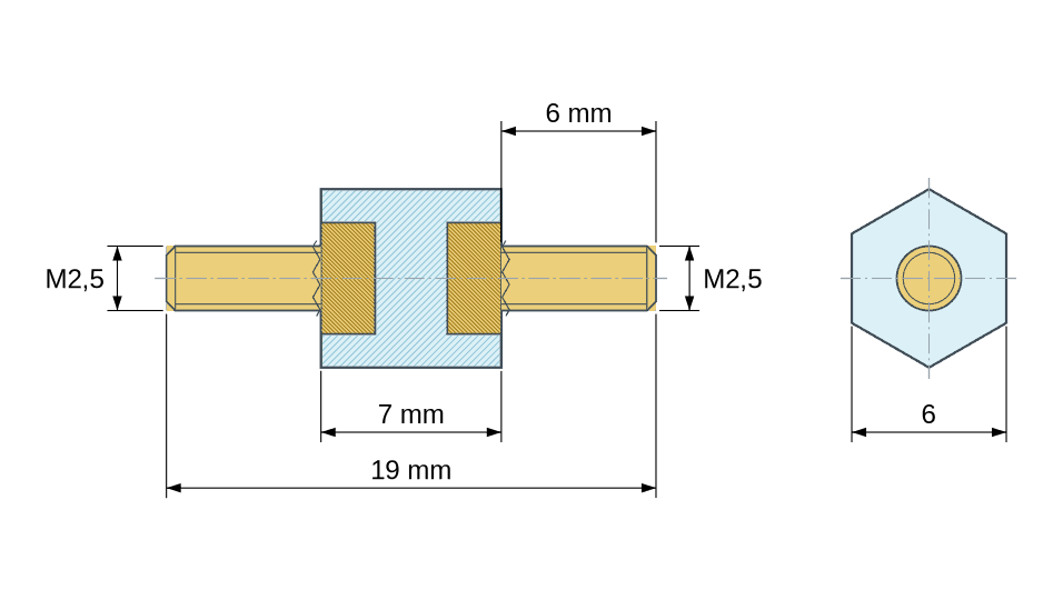 Plan coté Entretoise isolante hexagonale filetée mâle/mâle plastique PA6 insert laiton M2,5 - 6 mm sur plats