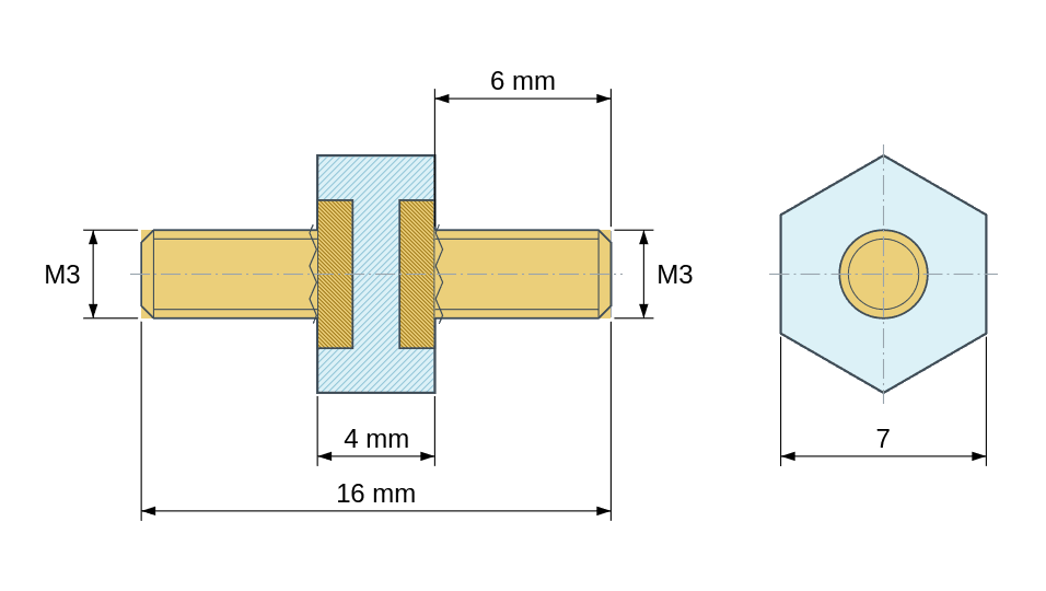 Plan coté : Entretoise isolante hexagonale filetée mâle/mâle plastique PA6 insert laiton M3 - 7 mm sur plats