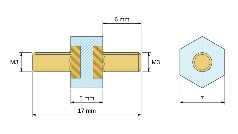 Plan coté Entretoise isolante hexagonale filetée mâle/mâle plastique PA6 insert laiton M3 - 7 mm sur plats