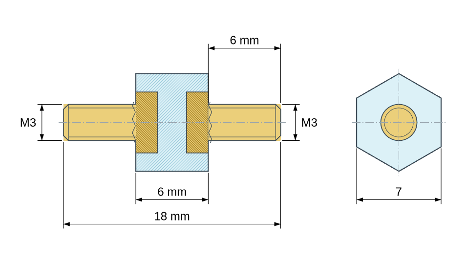 Plan coté Entretoise isolante hexagonale filetée mâle/mâle plastique PA6 insert laiton M3 - 7 mm sur plats