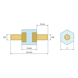 Plan coté 8 mm, Entretoise isolante hexagonale filetée mâle/mâle plastique PA6 insert laiton M3 - 7 mm sur plats