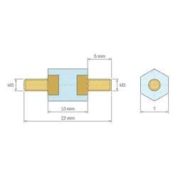 Plan coté 10 mm, Entretoise isolante hexagonale filetée mâle/mâle plastique PA6 insert laiton M3 - 7 mm sur plats