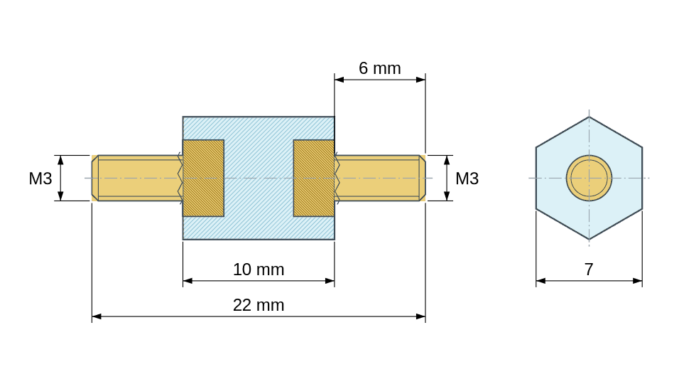 Plan coté Entretoise isolante hexagonale filetée mâle/mâle plastique PA6 insert laiton M3 - 7 mm sur plats