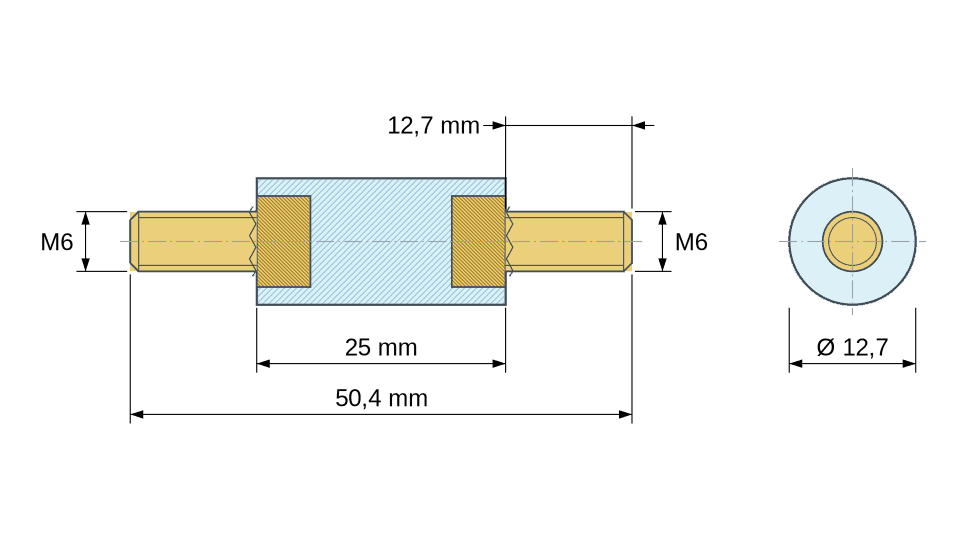 Plan coté : Entretoise isolante ronde filetée mâle/mâle plastique PA6.6 insert laiton M6 - Ø12,7 mm