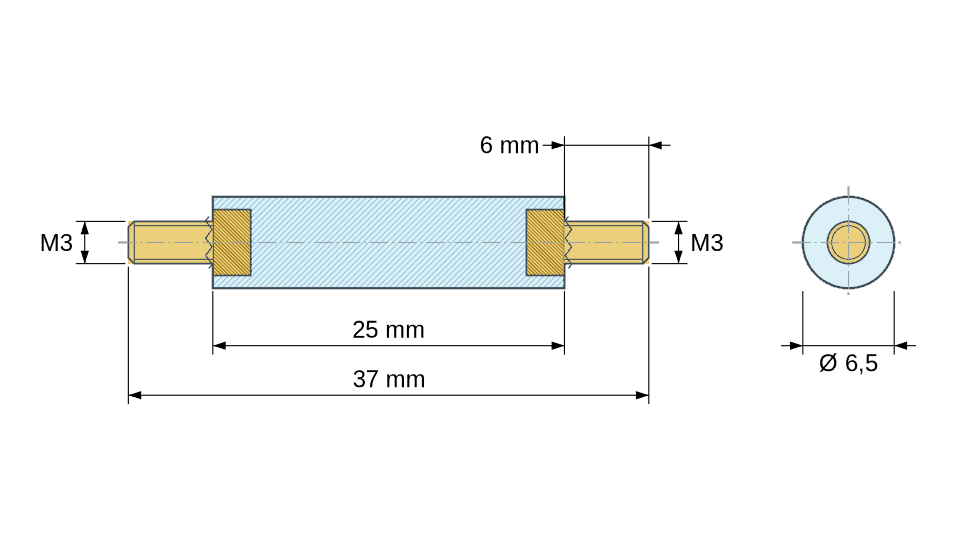 Plan coté : Entretoise isolante ronde filetée mâle/mâle plastique PA6.6 insert laiton M3 - Ø6,5 mm