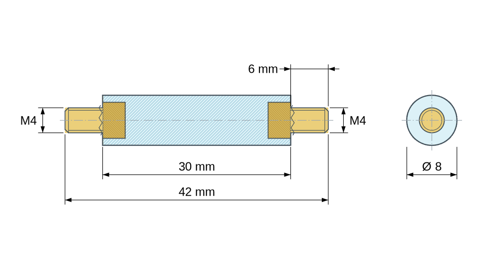 Plan coté : Entretoise isolante ronde filetée mâle/mâle plastique PA6.6 insert laiton M4 - Ø8 mm