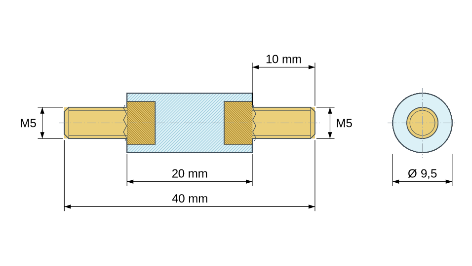 Plan coté : Entretoise isolante ronde filetée mâle/mâle plastique PA6.6 insert laiton M5 - Ø9,5 mm