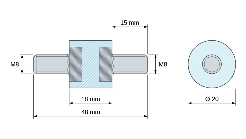 Plan coté : Entretoise isolante ronde filetée mâle/mâle plastique polyester insert acier M8 - Ø20 mm