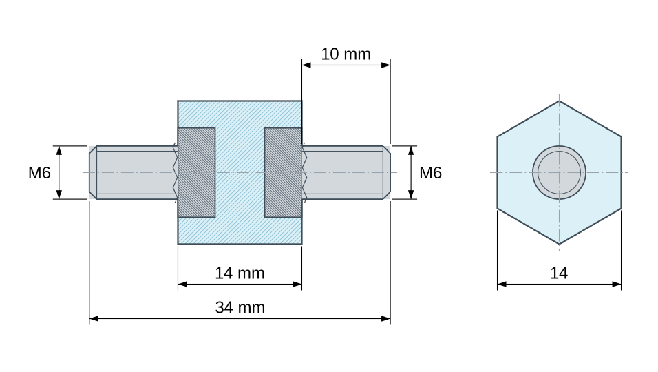 Plan coté : Entretoise isolante hexagonale filetée mâle/mâle plastique polyester insert acier M6 - 14 mm sur plats