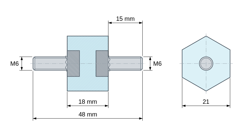 Plan coté : Entretoise isolante hexagonale filetée mâle/mâle plastique polyester insert acier M6 - 21 mm sur plats